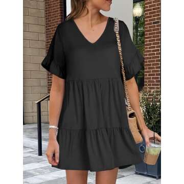 ANRABESS Dresses for Women Summer 2025 V Neck Ruffle Sleeve A Line Tiered Flowy Casual Trendy Mini Beach Dress with Pockets Black Small