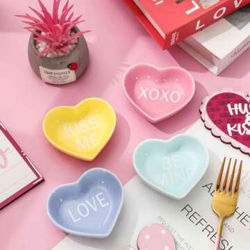 JarThenaAMCS 4Pcs Valentine's Day Heart Shaped Ceramic Bowls Conversation Heart Dish Plates Colorful Love Heart Sauce Dish for Valentines Wedding Party Decor