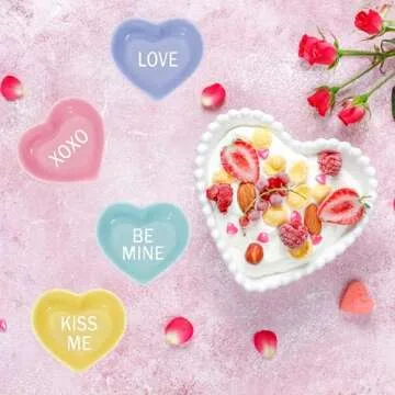 JarThenaAMCS 4Pcs Valentine's Day Heart Shaped Ceramic Bowls Conversation Heart Dish Plates Colorful Love Heart Sauce Dish for Valentines Wedding Party Decor