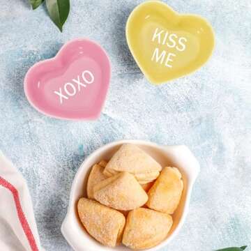 JarThenaAMCS 4Pcs Valentine's Day Heart Shaped Ceramic Bowls Conversation Heart Dish Plates Colorful Love Heart Sauce Dish for Valentines Wedding Party Decor