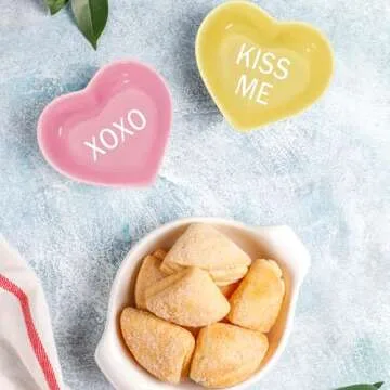 JarThenaAMCS 4Pcs Valentine's Day Heart Shaped Ceramic Bowls Conversation Heart Dish Plates Colorful Love Heart Sauce Dish for Valentines Wedding Party Decor