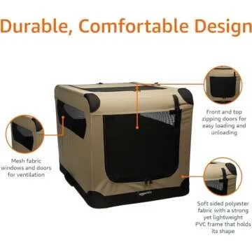 Amazon Basics Dog Crate, Travel Dog Kennel Double Door Collapsible, Lightweight Soft-Sided Folding, Portable Dog Cage, XL 42" x 31" x 31", Tan