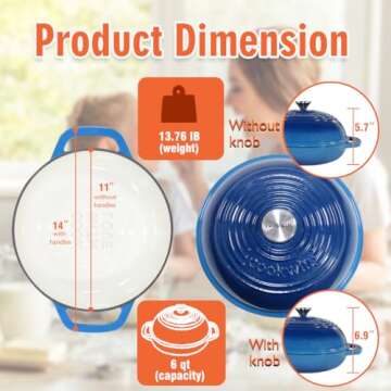 Enameled Cast Iron Dutch Oven with Lid,11”Dutch Oven for Homemade Bread,6 Quart Bread Pans,Bread Oven for Sourdough Bread Baking-with Silicone Baking Mat,Blue Thick Enamel Bread Pan-Gifts for Family