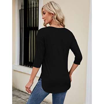 Kancystore 3/4 Sleeve Tunics for Women Loose Fit Work Casual Fall Black Boat Neck Top L