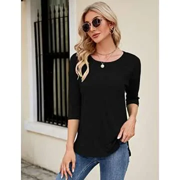 Kancystore 3/4 Sleeve Tunics for Women Loose Fit Work Casual Fall Black Boat Neck Top L
