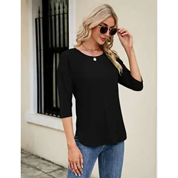 Kancystore 3/4 Sleeve Tunics for Women Loose Fit Work Casual Fall Black Boat Neck Top L