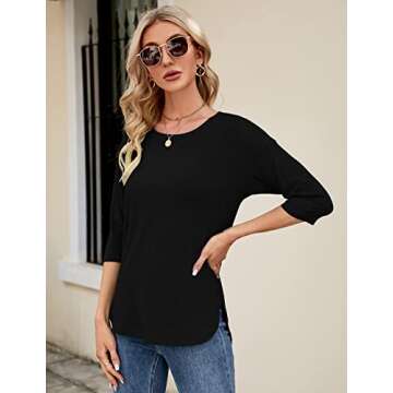 Kancystore 3/4 Sleeve Tunics for Women Loose Fit Work Casual Fall Black Boat Neck Top L
