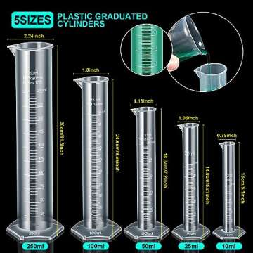 Teenitor Graduated Cylinder Plastic Beaker, 5pcs Plastic Graduated Cylinder 10ml 25ml 50ml 100ml 250ml and 5pcs Plastic Beakers 50ml 100ml 250ml 500ml1000ml Clear 10pcs