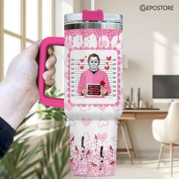 GEPOSTORE Valentines Gifts for Him Her, Horror Character 40 Oz Tumbler with Handle, Scary Cup, Halloween Movie Characters Mug, Gifts for Horror Fans