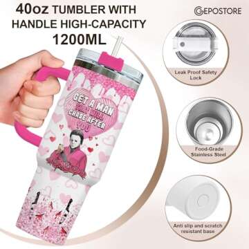 GEPOSTORE Valentines Gifts for Him Her, Horror Character 40 Oz Tumbler with Handle, Scary Cup, Halloween Movie Characters Mug, Gifts for Horror Fans