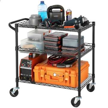 Finnhomy 3 Tier Heavy Duty Commercial Grade Utility Cart, Wire Rolling Cart with Handle Bar, Steel S...