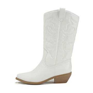 Soda Women's Cowgirl Cowboy Boots - Pointy Toe Knee High, Reno-S, Size 7.5, White/Beige