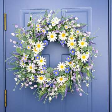 22 Inches Spring Wreaths for Front Door Blue Spring Door Wreath Summer Floral Wreath with Daisy Lanv...