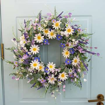 22 Inches Spring Wreaths for Front Door Blue Spring Door Wreath Summer Floral Wreath with Daisy Lanvender for Front Porch Indoors Outdoor Window Home Decorations