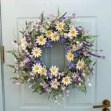 22 Inches Spring Wreaths for Front Door Blue Spring Door Wreath Summer Floral Wreath with Daisy Lanvender for Front Porch Indoors Outdoor Window Home Decorations