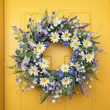 22 Inches Spring Wreaths for Front Door Blue Spring Door Wreath Summer Floral Wreath with Daisy Lanvender for Front Porch Indoors Outdoor Window Home Decorations