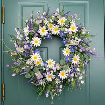 22 Inches Spring Wreaths for Front Door Blue Spring Door Wreath Summer Floral Wreath with Daisy Lanvender for Front Porch Indoors Outdoor Window Home Decorations
