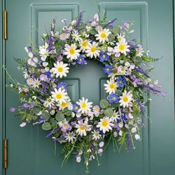 22 Inches Spring Wreaths for Front Door Blue Spring Door Wreath Summer Floral Wreath with Daisy Lanvender for Front Porch Indoors Outdoor Window Home Decorations