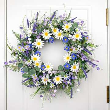 22 Inches Spring Wreaths for Front Door Blue Spring Door Wreath Summer Floral Wreath with Daisy Lanvender for Front Porch Indoors Outdoor Window Home Decorations