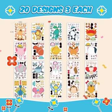 sinceroduct Make a Face Stickers for Kids, 60 PCS Multicolor Animal Decals, Paper Surface, Reusable,...