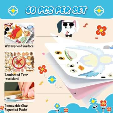 sinceroduct Make a Face Stickers for Kids, 60 PCS Multicolor Animal Decals, Paper Surface, Reusable, for Party Favors, Gifts, Rewards, Art Craft