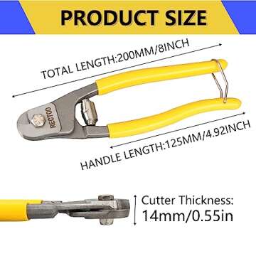 RECTOO Cable Wire Cutters (RT02), Forged from Heavy Duty Stainless Steel metal, 8 Inch small Wire Rope Cutter Tool upto 1/4" for stainless steel wire rope, bike brake cable, railing cable