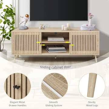 Oubayajia Mid Century Modern TV Stand for Televisions up to 70 Inches, with Sliding Doors and Storage, Television Stands, TV Consoles, Media Consoles for Living Room, 63 Inch (Natural)