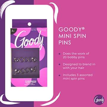 Goody Hair Spin Pin, 2 Count - Mini Corkscrew Hair Pins for Fast Bun Provides All-Day Hold - Easy and Quick To Use - Pain-Free Hair Accessories for Women, Men, Boys, and Girls