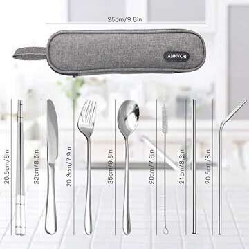 Annvchi Travel Camping Cutlery Set - Portable Silverware Set with Case and Straw, Straight Straw, Knife, Fork, Spoon, Chopsticks, Cleaning Brush 8 Piece (SIVER)