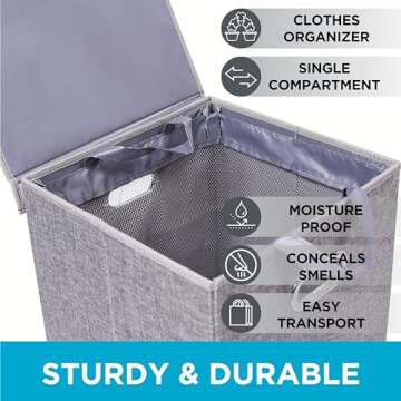 BIRDROCK HOME Laundry Hamper with Lid | Removable Bags for Sorting Clothes | Sectioned Laundry Basket for Bedroom & Bathroom | Collapsible Storage Bin with Cover | Single, Grey