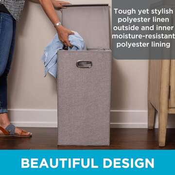 BIRDROCK HOME Laundry Hamper with Lid | Removable Bags for Sorting Clothes | Sectioned Laundry Basket for Bedroom & Bathroom | Collapsible Storage Bin with Cover | Single, Grey