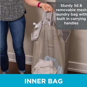 BIRDROCK HOME Laundry Hamper with Lid | Removable Bags for Sorting Clothes | Sectioned Laundry Basket for Bedroom & Bathroom | Collapsible Storage Bin with Cover | Single, Grey