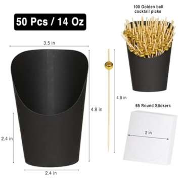 CORALEÓN HOME Party Cups, Picks & Labels - 50 Black 14oz Charcuterie Cups With 100 Gold Sticks, 65 Labels - Disposable Party Cups & Cocktail Picks For Snacks, Fruit, French Fries, Popcorn, Appetizers