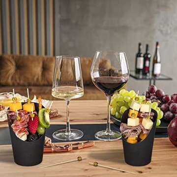 CORALEÓN HOME Party Cups, Picks & Labels - 50 Black 14oz Charcuterie Cups With 100 Gold Sticks, 65 Labels - Disposable Party Cups & Cocktail Picks For Snacks, Fruit, French Fries, Popcorn, Appetizers