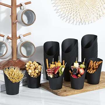 CORALEÓN HOME Party Cups, Picks & Labels - 50 Black 14oz Charcuterie Cups With 100 Gold Sticks, 65 Labels - Disposable Party Cups & Cocktail Picks For Snacks, Fruit, French Fries, Popcorn, Appetizers