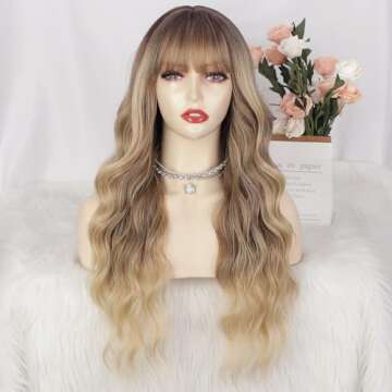 AISI QUEENS Ombre Blonde Wig with Bangs Long Blonde Wavy Wigs for Women Synthetic Curly Wavy Wigs wi...