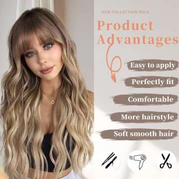 AISI QUEENS Ombre Blonde Wig with Bangs Long Blonde Wavy Wigs for Women Synthetic Curly Wavy Wigs with Dark Root Middle Part Heat Resistant Wig for Daily Party Wear