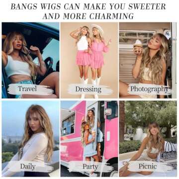 AISI QUEENS Ombre Blonde Wig with Bangs Long Blonde Wavy Wigs for Women Synthetic Curly Wavy Wigs with Dark Root Middle Part Heat Resistant Wig for Daily Party Wear