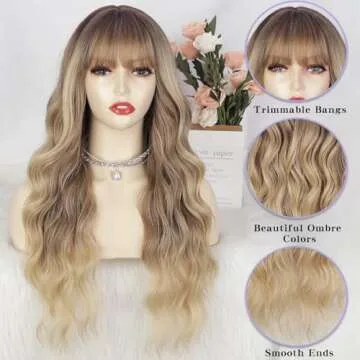 AISI QUEENS Ombre Blonde Wig with Bangs Long Blonde Wavy Wigs for Women Synthetic Curly Wavy Wigs with Dark Root Middle Part Heat Resistant Wig for Daily Party Wear
