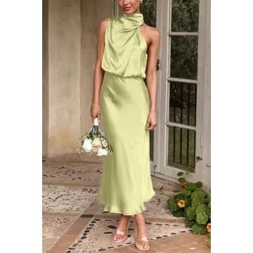 PRETTYGARDEN Women's 2025 Summer Satin Dress Elegant Sleeveless Mock Neck Cocktail Party Maxi Dresses (Tender Green,Small)