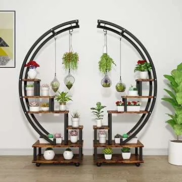 2 Pcs 6 Tier Tall Metal Indoor Plant Stand with Detachable Wheels, Half-Moon-Shaped Plant Shelf Holder for Outdoor Clearance, Multi-Purpose Plant Stands for Home Decor, Balcony, Patio, Garden