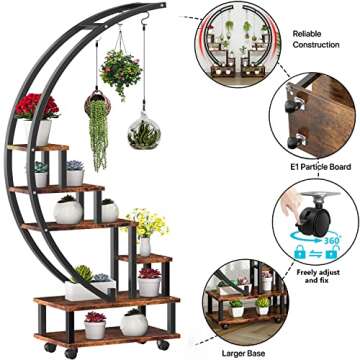 2 Pcs 6 Tier Tall Metal Indoor Plant Stand with Detachable Wheels, Half-Moon-Shaped Plant Shelf Holder for Outdoor Clearance, Multi-Purpose Plant Stands for Home Decor, Balcony, Patio, Garden