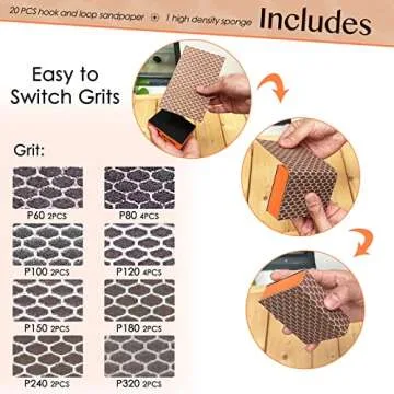 S&X Sanding Sponge Set - 20-Pack of Hook and Loop Sandpaper Interchangeable in 8 Assorted Grits for ...