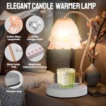Candle Warmer Lamp with Dimmer - Electric Candle Lamp with Timer for Jar Candles Scented Candles, Plug-in Wax Warmer Lamp for Home & Office with 2 Bulb (White Peony)
