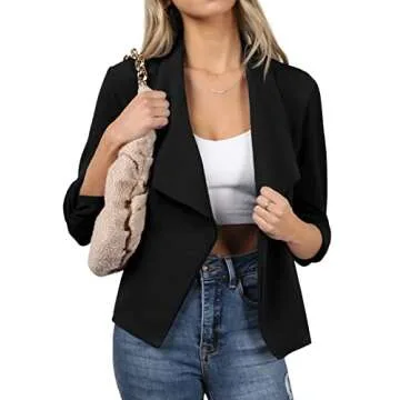 DOUBLJU Ruched 3/4 Sleeve Open Front Draped Blazers Business Casual Basic Work Jackets for Womens Clothes with Plus Size Black
