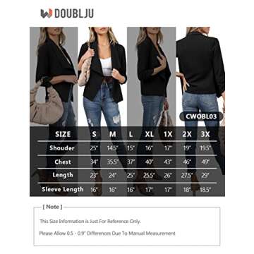 DOUBLJU Ruched 3/4 Sleeve Open Front Draped Blazers Business Casual Basic Work Jackets for Womens Clothes with Plus Size Black