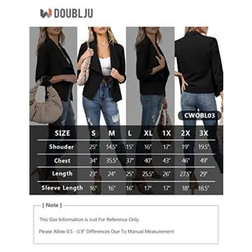 DOUBLJU Ruched 3/4 Sleeve Open Front Draped Blazers Business Casual Basic Work Jackets for Womens Clothes with Plus Size Black