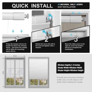 Boolegon No Drill No Tools Cellular Shades Top Down Bottom Up Honeycomb Blinds Blackout Cordless Window Blinds Easy to Install Cellular Shade for Windows,Blackout-White,Custom Size