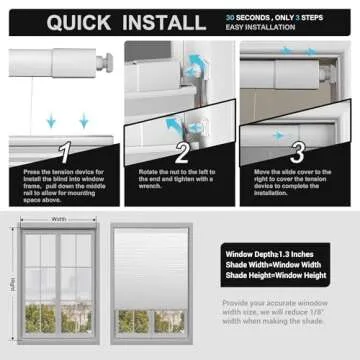 Boolegon No Drill No Tools Cellular Shades Top Down Bottom Up Honeycomb Blinds Blackout Cordless Window Blinds Easy to Install Cellular Shade for Windows,Blackout-White,Custom Size