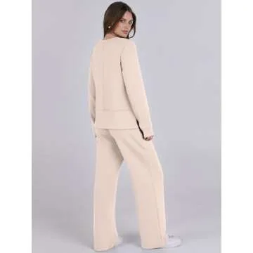 ANRABESS Womens 2 Piece Lounge Sets Sweatsuit Travel Outfits Wide Leg Pants Set 2024 Fall Fashion Tracksuit Clothes Apricot Medium